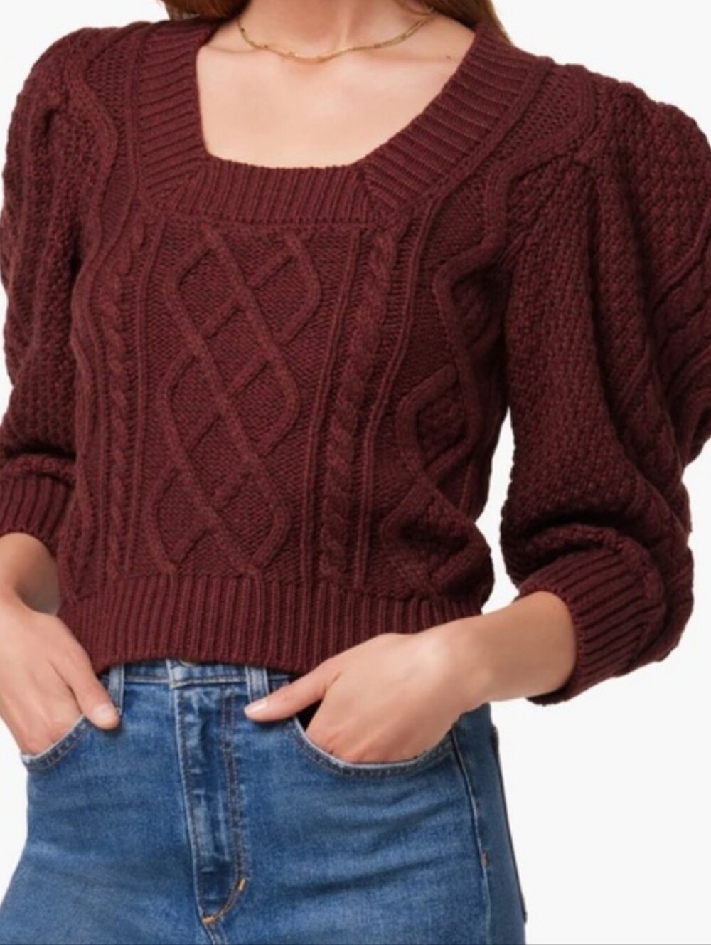 Joe's Jeans Brown Cable Knit Square Neck Puff Sleeve Sweater Size S